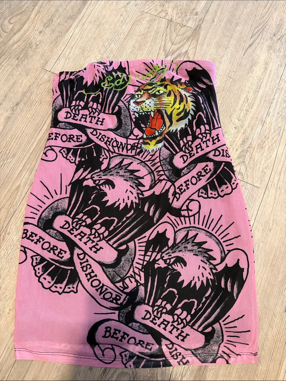 Ed Hardy Pink Strapless Graphic Pencil Skirt with Tiger & Eagles